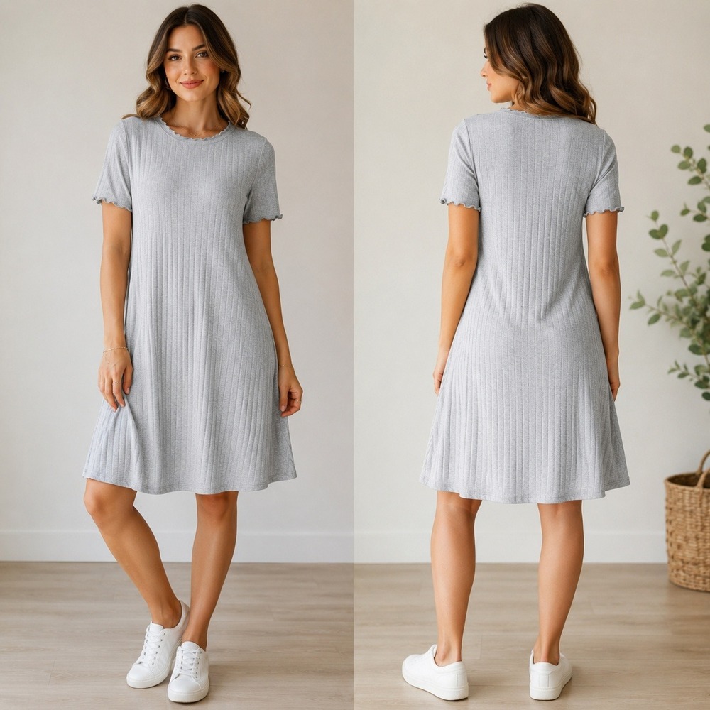 Hello Miz Womens Medium Gray Ribbed Short Sleeve Swing Dress Tee Shirt Dress